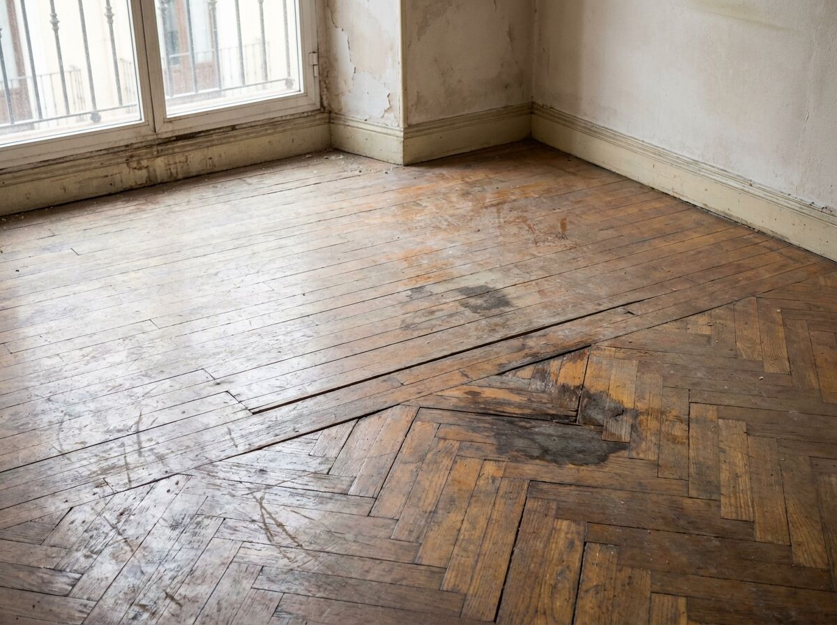 Suelo de madera antiguo y dañado antes de la renovación