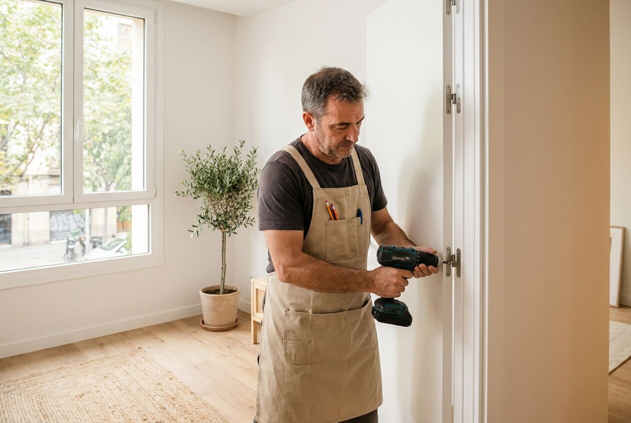 Carpintero de Fustori instalando una puerta de interior en una vivienda del Baix Llobregat